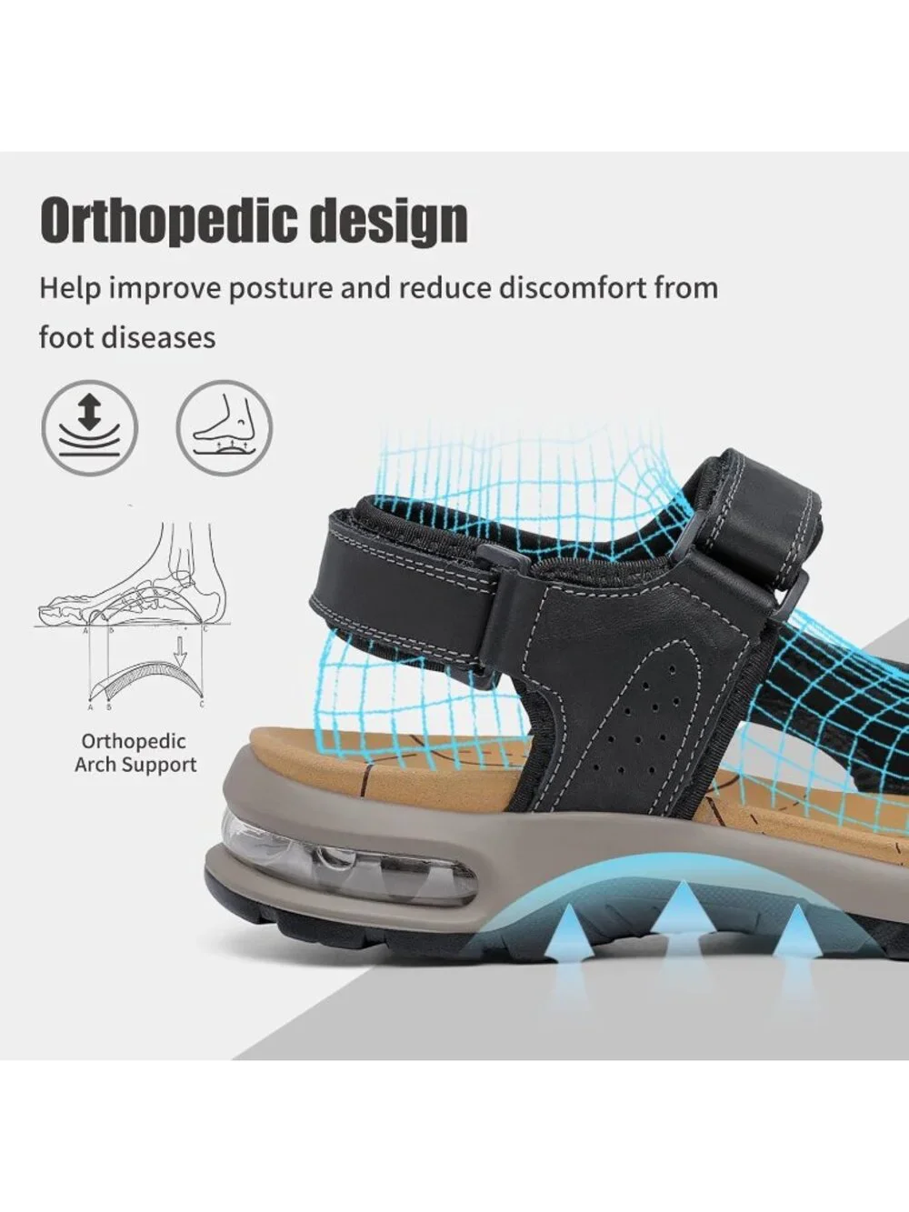 Men's Black Athletic Sandals Adjustable Strap Non Slip Casual Walking Shoes